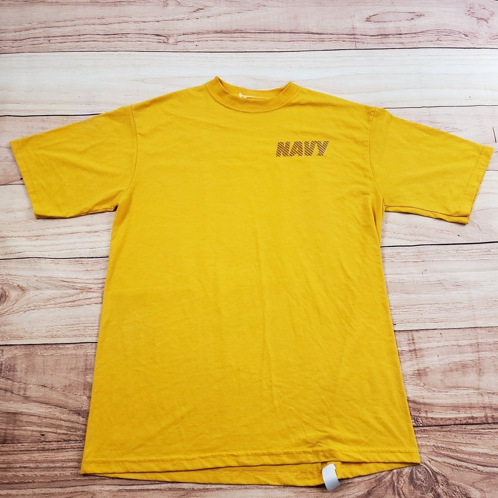 US Navy Shirt Mens Large Yellow Short‎ Sleeve Military Logo Athletic Adult L *